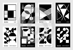 Set of 8 minimal vintage 20s geometric design posters, wall art, template, layout with primitive shapes elements. Bauhaus retro
