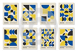 Set of 8 minimal vintage 20s geometric design posters, wall art, template, layout with primitive shapes elements. Bauhaus retro