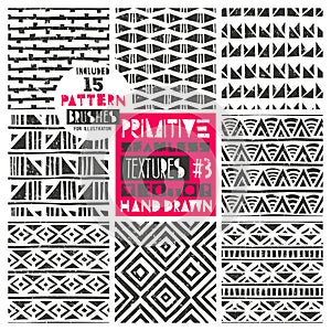 Set of 8 primitive geometric patterns collection. Tribal seamless backgrounds. Modern trendy print. Modern abstract