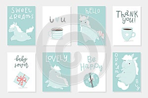 Set of 8 redy to use cards with cute Little horses hand drawn illustrations