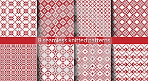 Set of 8 seamless red and white knitted patterns