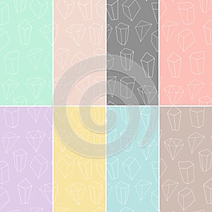 Set of 8 seamless textures with geometric outline shapes and crystals. Hipster modern patterns collection. Vector Illustration.