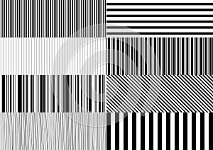 Set of 8 striped seamless patterns. Monochrome geometric background pattern. Vector illustration.