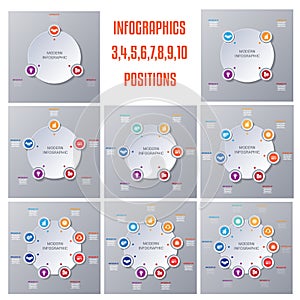 Set 8 templates, Colorful Modern Infographics for business conceptual cyclic processes on 3, 4, 5, 6, 7, 8, 9, 10 positions