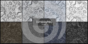 Set of 8 Topographic map contour backgrounds. Topo map with elevation. Contour map vector. Geographic World Topography