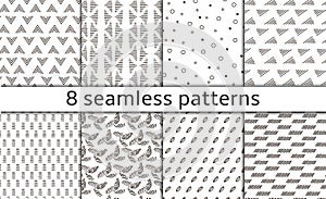 Set of 8 Vintage abstract simple vector seamless patterns with monochrome trellis.