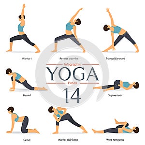 Set of 8 yoga poses in flat design . Woman figures exercise in blue shirt and black yoga pants for yoga infographics.