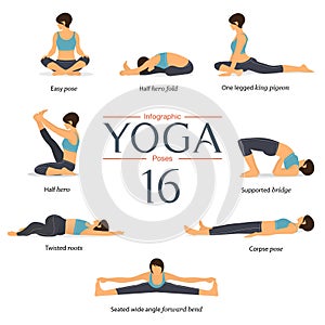 Set of 8 yoga poses in flat design . Woman figures exercise in blue shirt and black yoga pants for yoga infographics. Vector