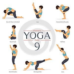 Set of 8 yoga poses in flat design . Woman figures exercise in blue sportswear and black yoga pant for yoga infographics.