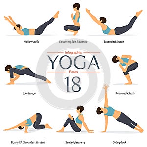 Set of 8 yoga poses in flat design. Woman figures exercise in blue sportswear and black yoga pants for yoga infographics.