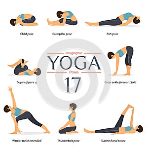 Set of 8 yoga poses in flat design. Woman figures exercise in blue sportswear and black yoga pants for yoga infographics. Vector