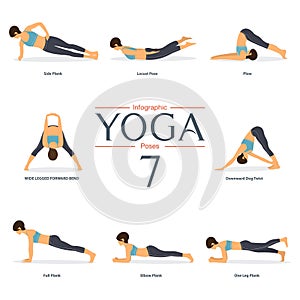 Set of 8 yoga poses in flat design . Woman figures in sportswear for yoga infographics.