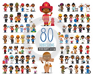 Set of 80 different professions in cartoon style. Black or African American characters