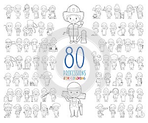 Set of 80 different professions for coloring in cartoon style