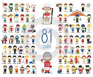 Set of 81 different sports in cartoon style. Kids characters vector illustration