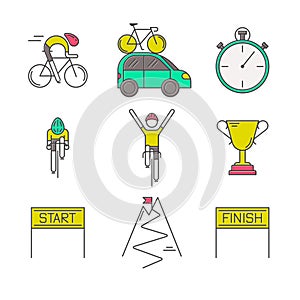 Set of 9 Bicycle Race modern colorful icons.