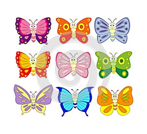 Set of 9 cartoon butterfly. Vector illustration isolation on white background.