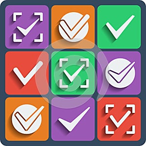 Set of 9 check marks web and mobile icons. Vector.