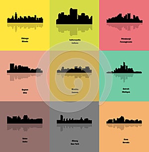 Set of 9 City silhouette (Detroit, Reno, Chicago, Wichita, Pittsburgh, Boise, Albany, Dayton, Indianapolis)