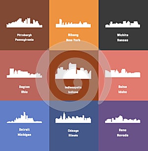 Set of 9 City silhouette (Detroit, Reno, Chicago, Wichita, Pittsburgh, Boise, Albany, Dayton, Indianapolis)