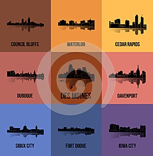 Set of 9 City silhouette in Iowa (Des Moines, Iowa City, Sioux City, Waterloo, Fort Dodge, Council Bluffs )