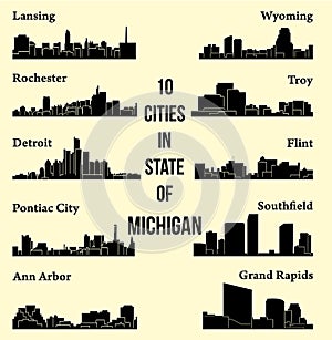 Set of 9 city silhouette in Michigan ( Rochester, Pontiac City, Detroit, Southfield, Lansing, Flint, Troy, Wyoming )