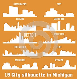 Set of 9 city silhouette in Michigan ( Rochester, Pontiac City, Detroit, Southfield, Lansing, Flint, Troy, Wyoming )