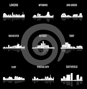 Set of 9 city silhouette in Michigan ( Rochester, Pontiac City, Detroit, Southfield, Lansing, Flint, Troy, Wyoming )
