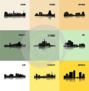 Set of 9 city silhouette in Michigan ( Rochester, Pontiac City, Detroit, Southfield, Lansing, Flint, Troy, Wyoming )