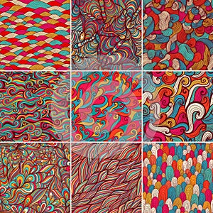 Set of 9 colorful wave patterns (seamlessly tiling).Seamless pat