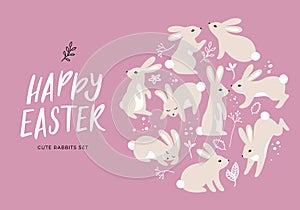 Set of 9 Cute Easter Rabbit with Florals. Vector Illustration of Cartoon Bunnies for Easter Greeting Card and Childrens