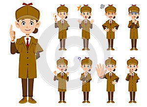 A set of 9 different facial expressions and gestures for a female detective