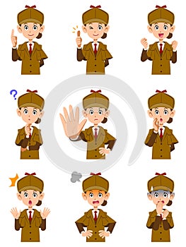 A set of 9 different facial expressions and gestures for the upper body of a female detective 1