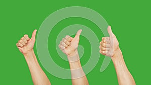 Set of 9 different hands showing thumb up on green chroma key background. Voting people hand showing gesture like