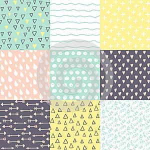 Set with 9 hand drawn doodle brightly colors seamless patterns.