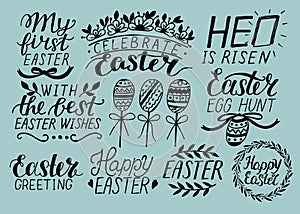 Set of 9 hand lettering about Easter. He is risen. Egg hunt. Celebrate.