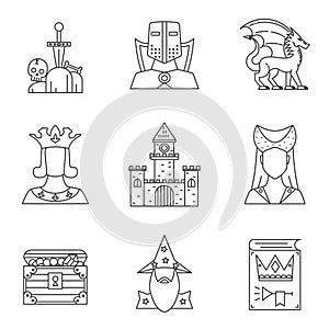 Set of 9 high detailed icons of magic kingdom. The dragon, the knight, magic sword and etc. Modern linear style.