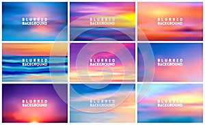 Set of 9 horizontal wide blurred nature sea sunset backgrounds