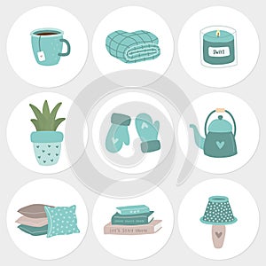 Set of 9 hygge stickers with home decoration items