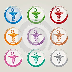 Set of 9 Icons with Caduceus Various Colors - Pharmaceutical Industry