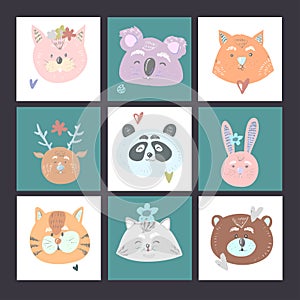 Set of 9 kids cards with cat koala fox deer bear bunny tiger panda raccoon for baby shower or birthday. Vector hand