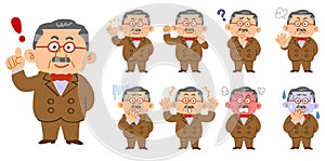 A set of 9 kinds of poses and facial expressions of a wealthy man