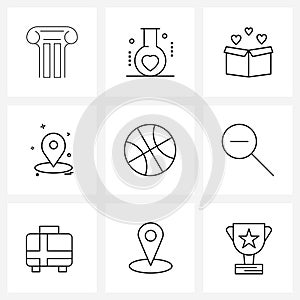 Set of 9 Line Icon Signs and Symbols of sports, basketball, gift, navigation, navigate