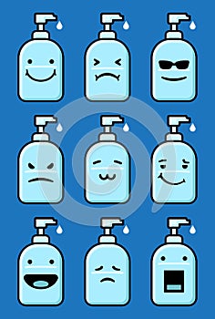 Set of 9 modern flat emoticons: cute cartoon hand sanitizer with different emotions