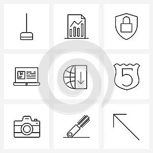 Set of 9 Modern Line Icons of arrow, internet, security, global, computer
