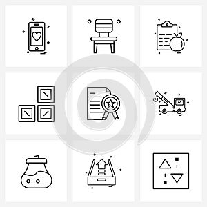 Set of 9 Modern Line Icons of business, attested document, medical, square, component