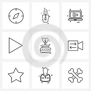 Set of 9 Modern Line Icons of record, love, laptop, heart, cake