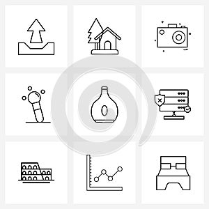 Set of 9 Modern Line Icons of shield, meal, photo, food, drink