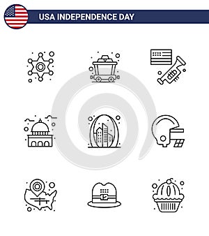 Set of 9 Modern Lines pack on USA Independence Day building; white; speaker; usa; house