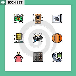 Set of 9 Modern UI Icons Symbols Signs for eye care, grand sale, smartphone, big sale, house